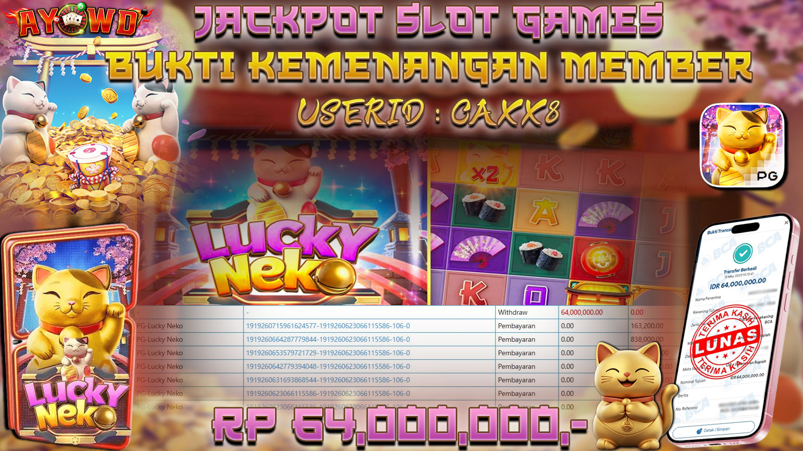 AYOWD JACKPOT SLOT GAMES PG-LUCKY NEKO Rp 64,000,000,- LUNAS