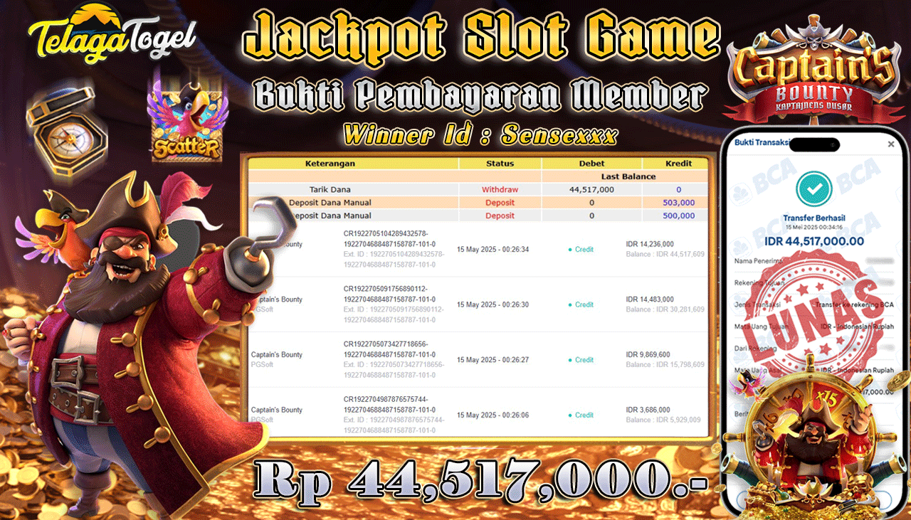 TELAGATOGEL JACKPOT SLOT CAPTAIN'S BOUNTY Rp 44,517,000,- LUNAS 