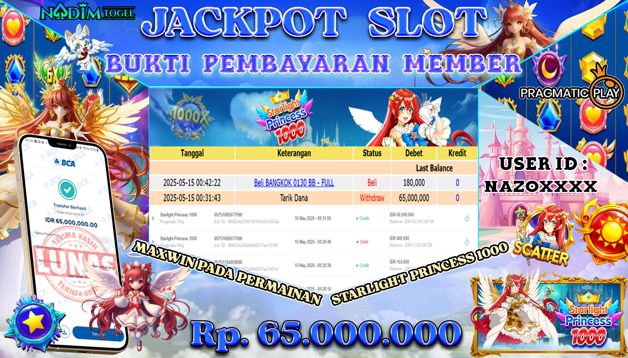 NADIMTOGEL JACKPOT SLOT STARLIGHT PRINCESS 1000 Rp 65.000.000,- LUNAS