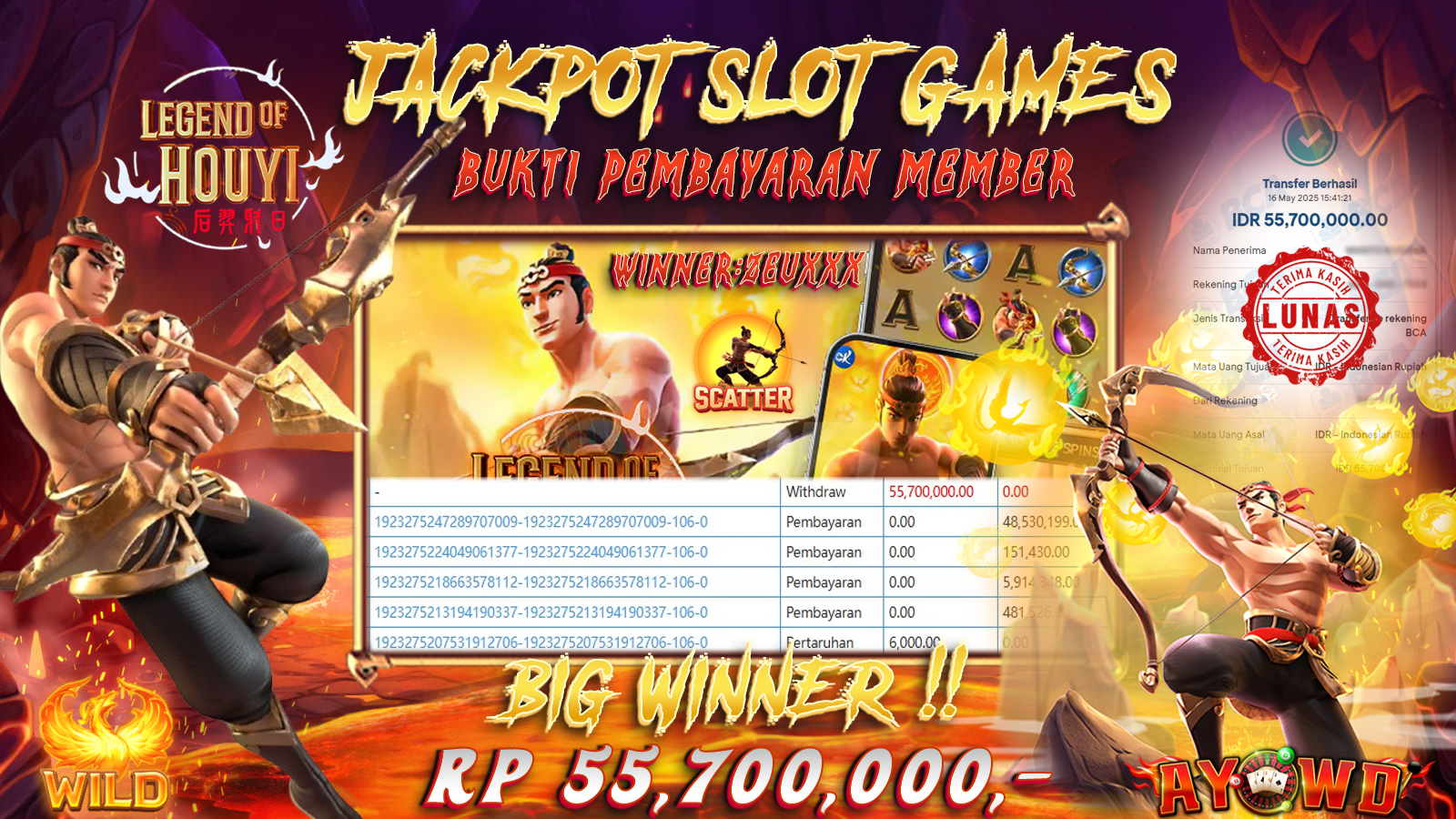 AYOWD JACKPOT SLOT GAMES PG-LEGEND OF HOUYI Rp 55,700,000,- LUNAS