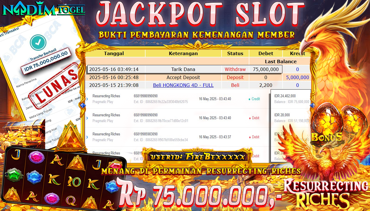 NADIMTOGEL JACKPOT SLOT RESURRECTING RICHES Rp 75.000.000,- LUNAS