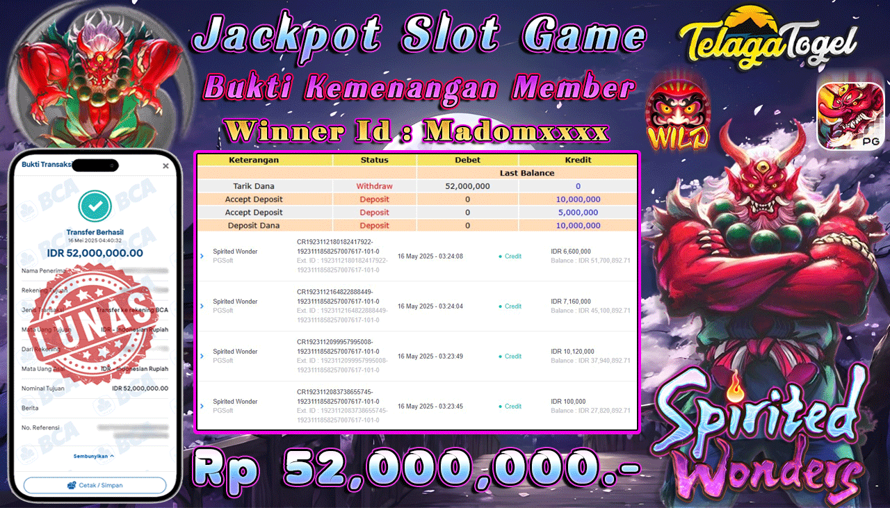 TELAGATOGEL JACKPOT SLOT SPIRITED WONDERS Rp 52,000,000,- LUNAS 