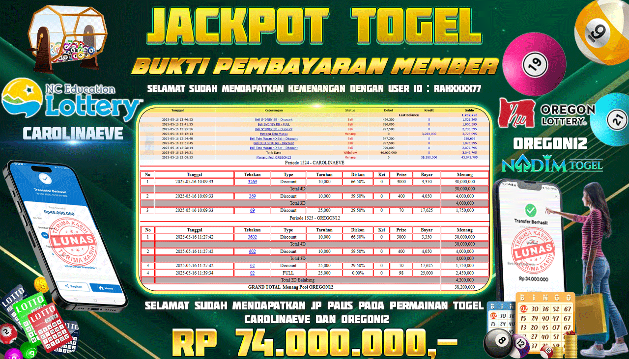 NADIMTOGEL JACKPOT TOGEL CAROLINAEVE - OREGON12 Rp 74.000.000,- LUNAS