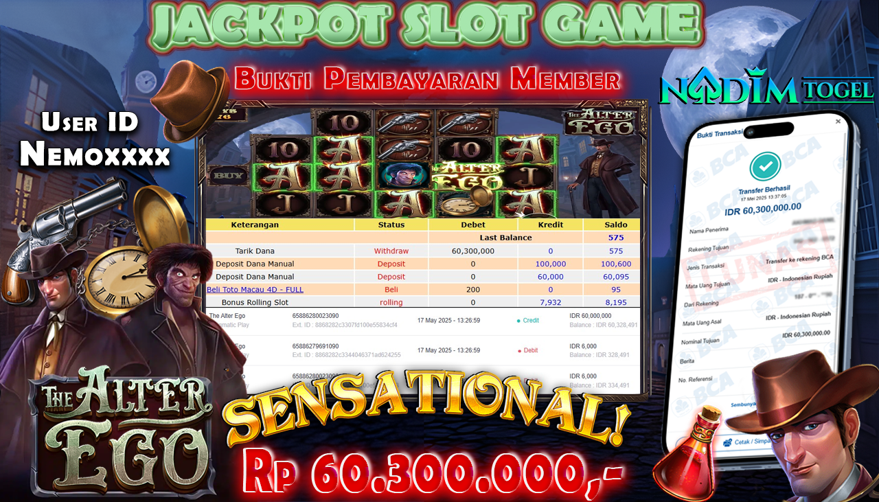 NADIMTOGEL JACKPOT SLOT THE ALTER EGO Rp 60.300.000,- LUNAS