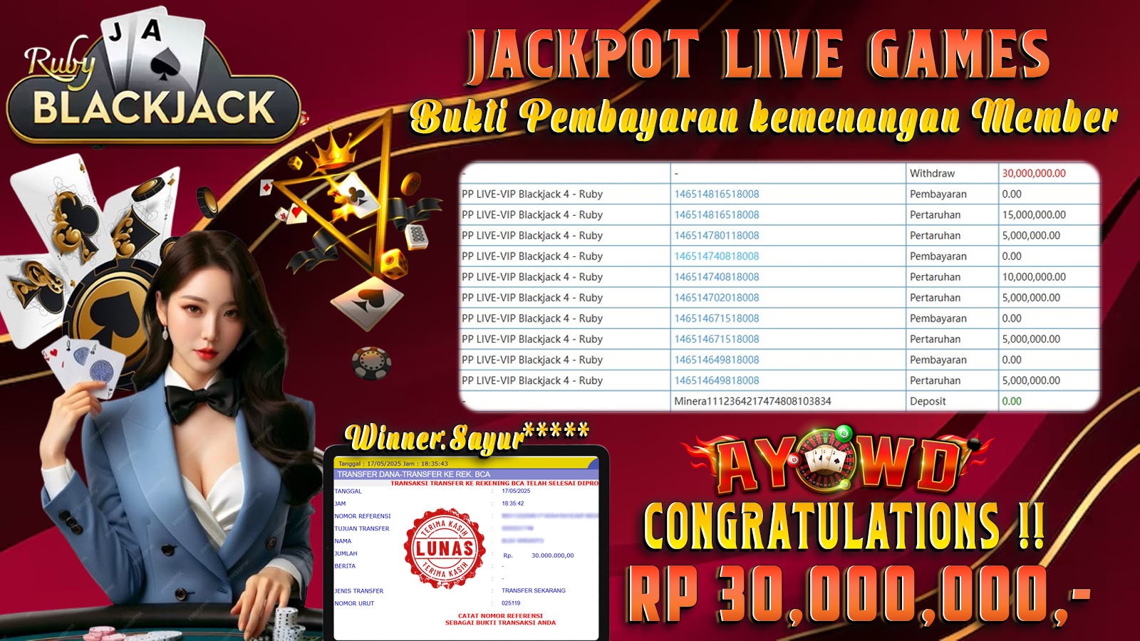 AYOWD JACKPOT  LIVE GAMES PP LIVE-VIP Blackjack 4 - Ruby Rp 30,000,000,- LUNAS