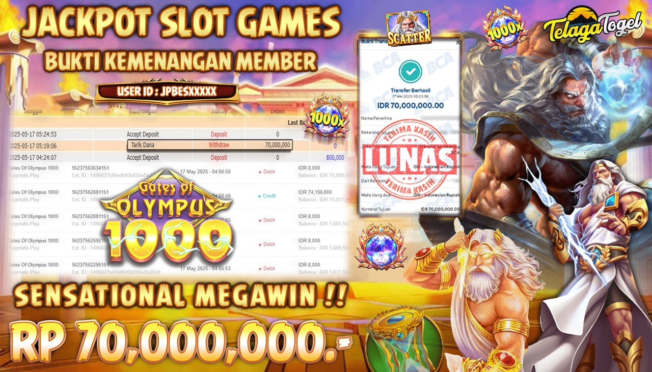TELAGATOGEL JACKPOT SLOT GATES OF OLYMPUS 1000 Rp 70,000,000,- LUNAS 