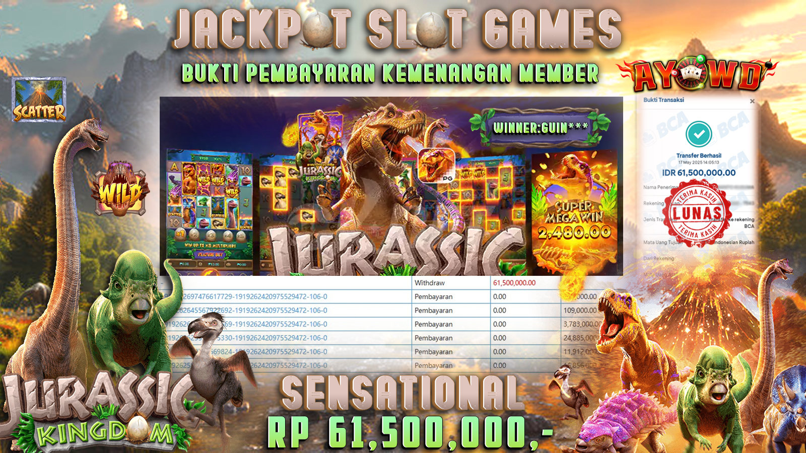 AYOWD JACKPOT SLOT GAMES PG-JURASSIC KINGDOM Rp 61,500,000,- LUNAS