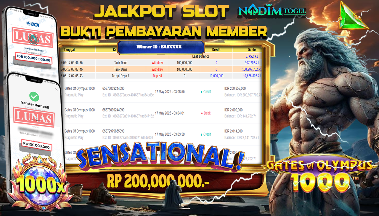 NADIMTOGEL JACKPOT SLOT GATES OF OLYMPUS 1000 Rp 200.000.000,- LUNAS