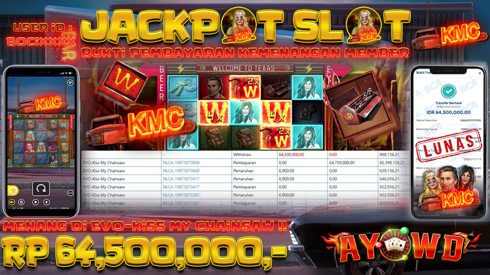 AYOWD JACKPOT SLOT GAMES EVO-Kiss My Chainsaw Rp 64,500,000,- LUNAS