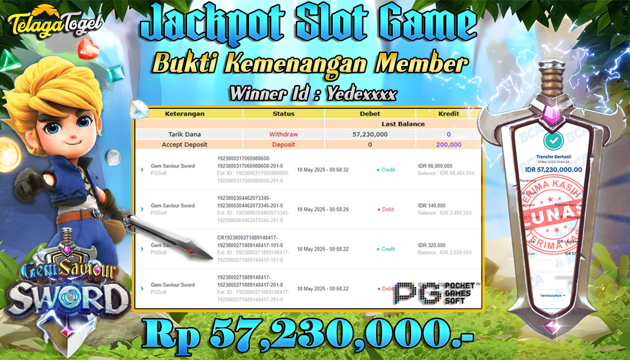 TELAGATOGEL JACKPOT SLOT GEM SAVIOUR SWORD Rp 57,230,000,- LUNAS 