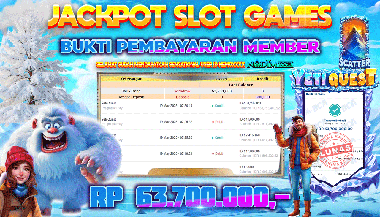 NADIMTOGEL JACKPOT SLOT YETI QUEST Rp 63.700.000,- LUNAS