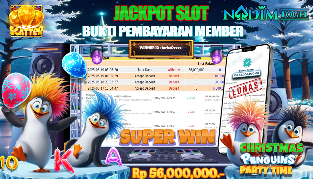 NADIMTOGEL JACKPOT SLOT PENGUINS CHRISMAST PARTY TIME Rp 56.000.000,- LUNAS
