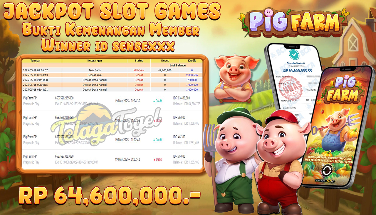 TELAGATOGEL JACKPOT SLOT PIG FARM Rp 64,600,000,- LUNAS 