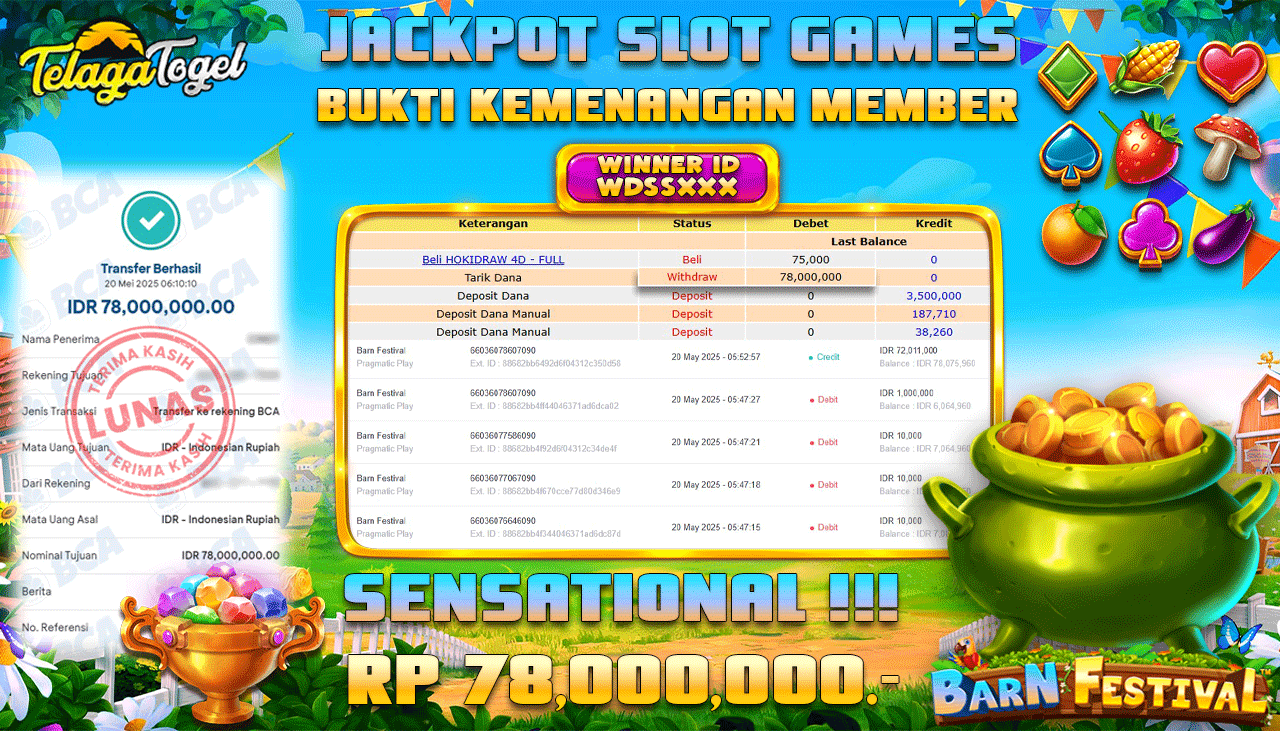 TELAGATOGEL JACKPOT SLOT BARN FESTIVAL Rp 78,000,000,- LUNAS 