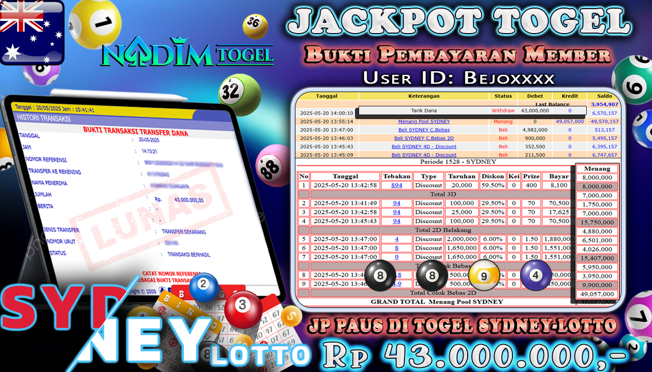 NADIMTOGEL JACKPOT TOGEL SYDNEY-LOTTO  Rp 43.000.000 ,- LUNAS