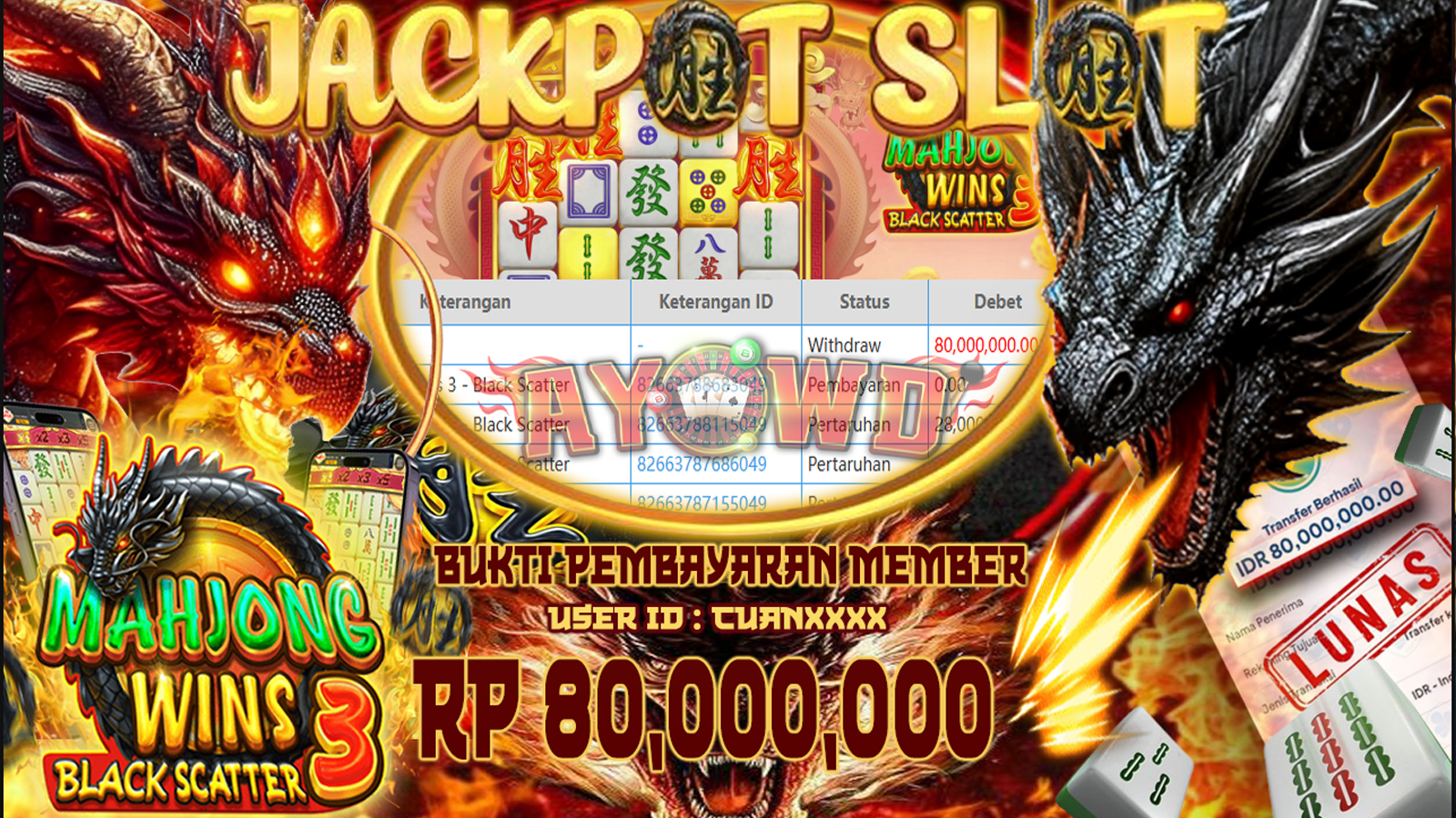 AYOWD JACKPOT SLOT GAMES PP-MAHJONG WINS 3 Rp 80,000,000,- LUNAS