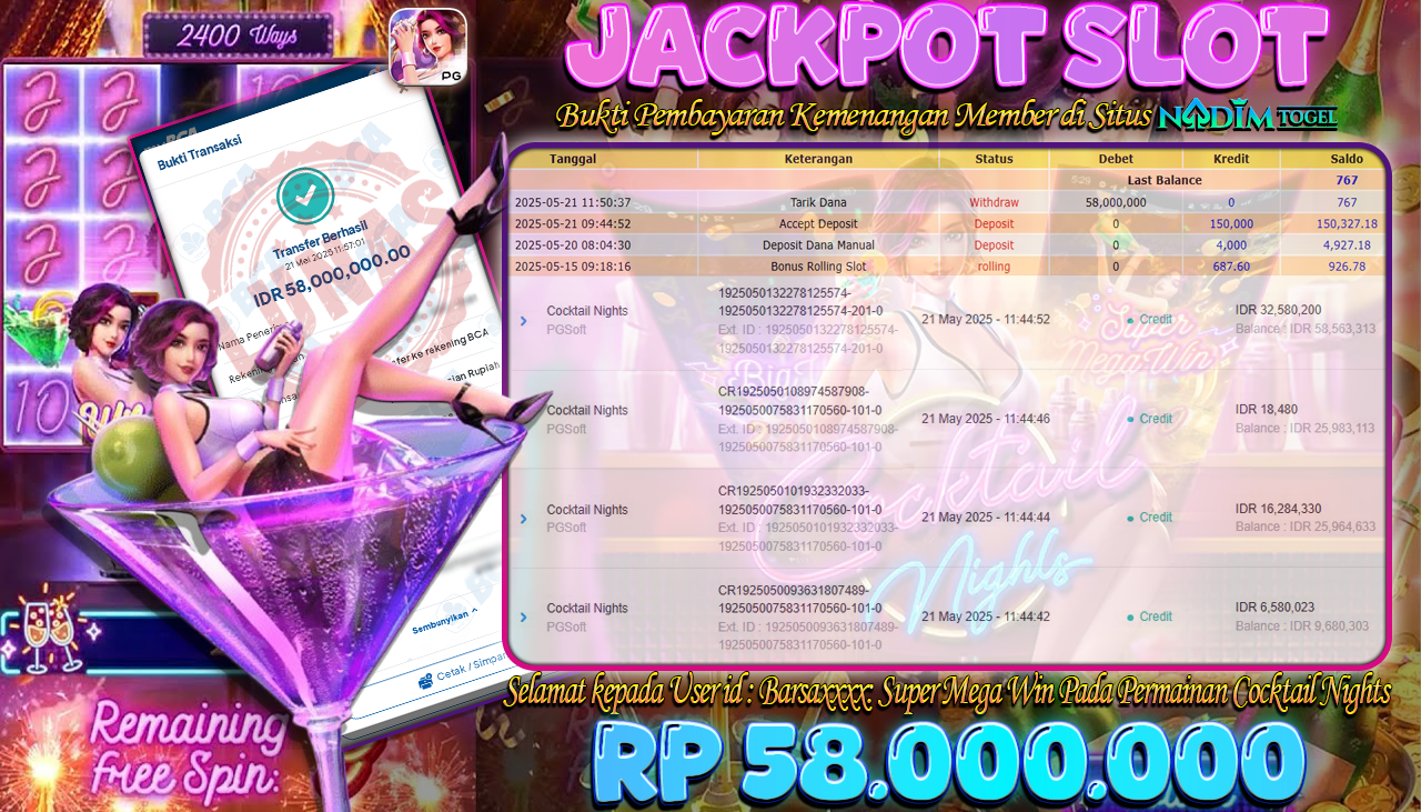 NADIMTOGEL JACKPOT SLOT COCKTAIL NIGHTS Rp 58.000.000,- LUNAS