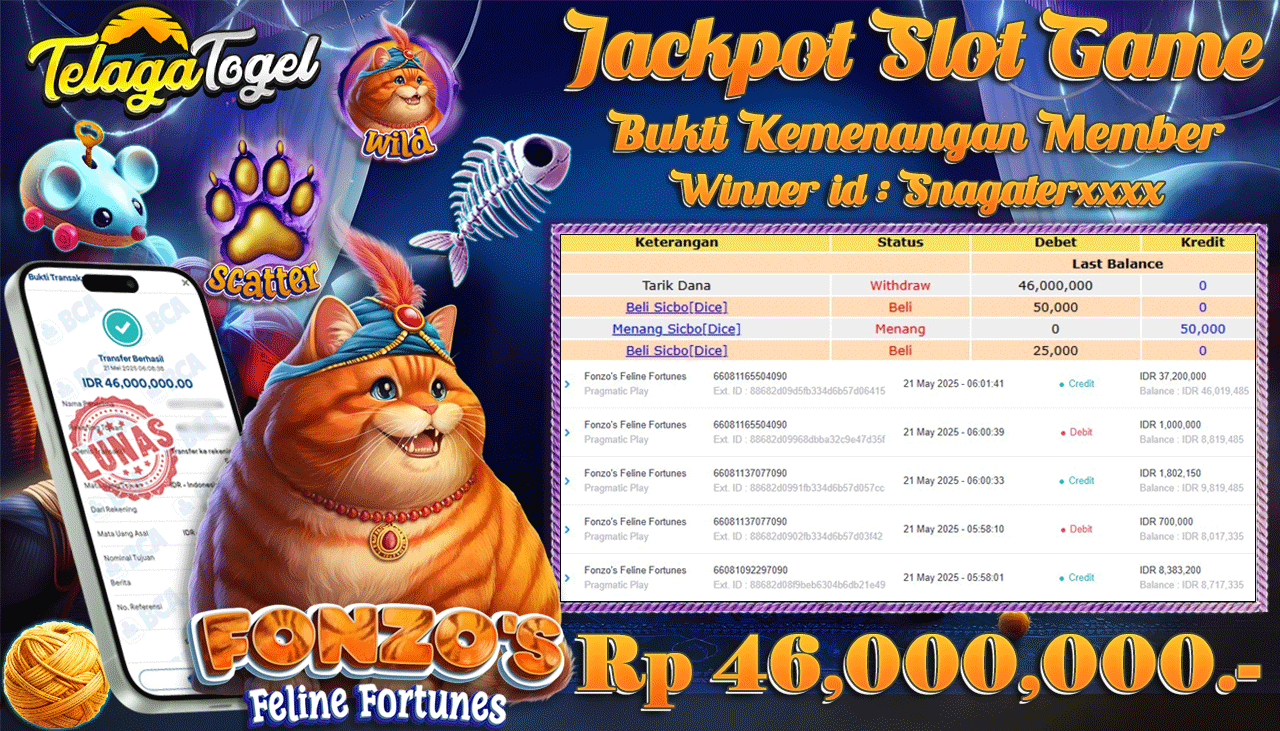 TELAGATOGEL JACKPOT SLOT FONZO'S FELINE FORTUNES Rp 46,000,000,- LUNAS 