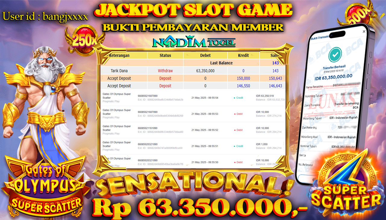 NADIMTOGEL JACKPOT SLOT GATES OF OLYMPUS SUPERSCATTER Rp 63.350.000 ,- LUNAS