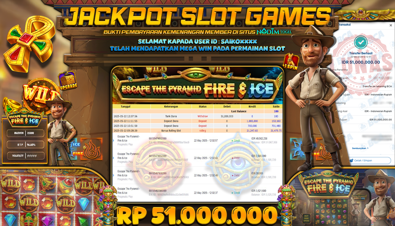 NADIMTOGEL JACKPOT SLOT ESCAPE THE PYRAMID FIRE & ICE Rp 51.000.000,- LUNAS
