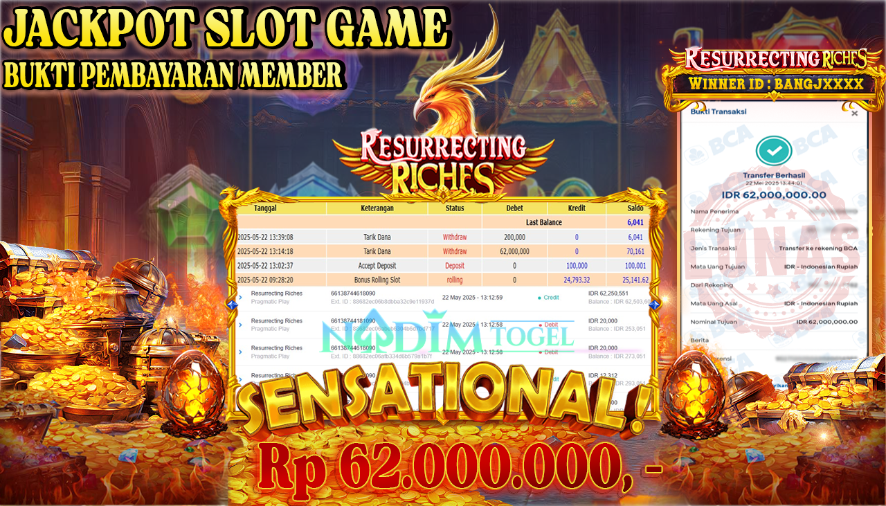 NADIMTOGEL JACKPOT SLOT RESURRECTING RICHES Rp 62.000.000,- LUNAS