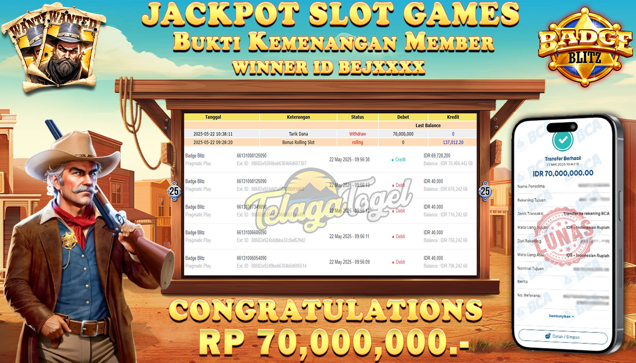 TELAGATOGEL JACKPOT SLOT BADGE BLITZ Rp 70,000,000,- LUNAS 