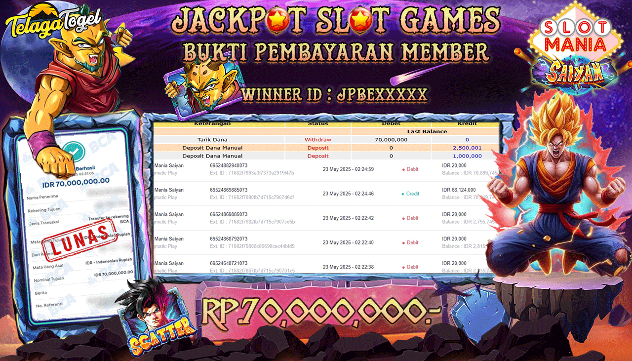 TELAGATOGEL JACKPOT SLOT MANIA SAIYAN Rp 70,000,000,- LUNAS 