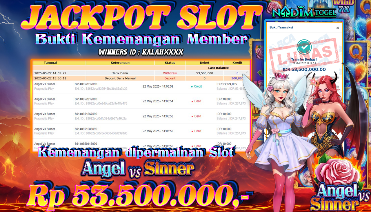 NADIMTOGEL JACKPOT SLOT ANGEL VS SINNER Rp 53.500.000,- LUNAS