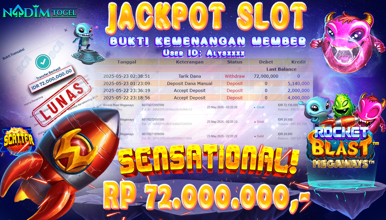 NADIMTOGEL JACKPOT SLOT ROCKET BLAST MEGAWAYS Rp 72.000.000,- LUNAS