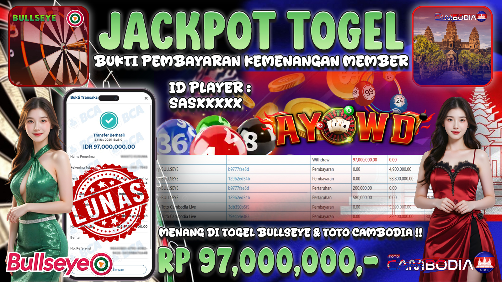 AYOWD JACKPOT TOGEL Lottery-BULLSEYE & TOTO CAMBODIA Rp 97,000,000,- LUNAS