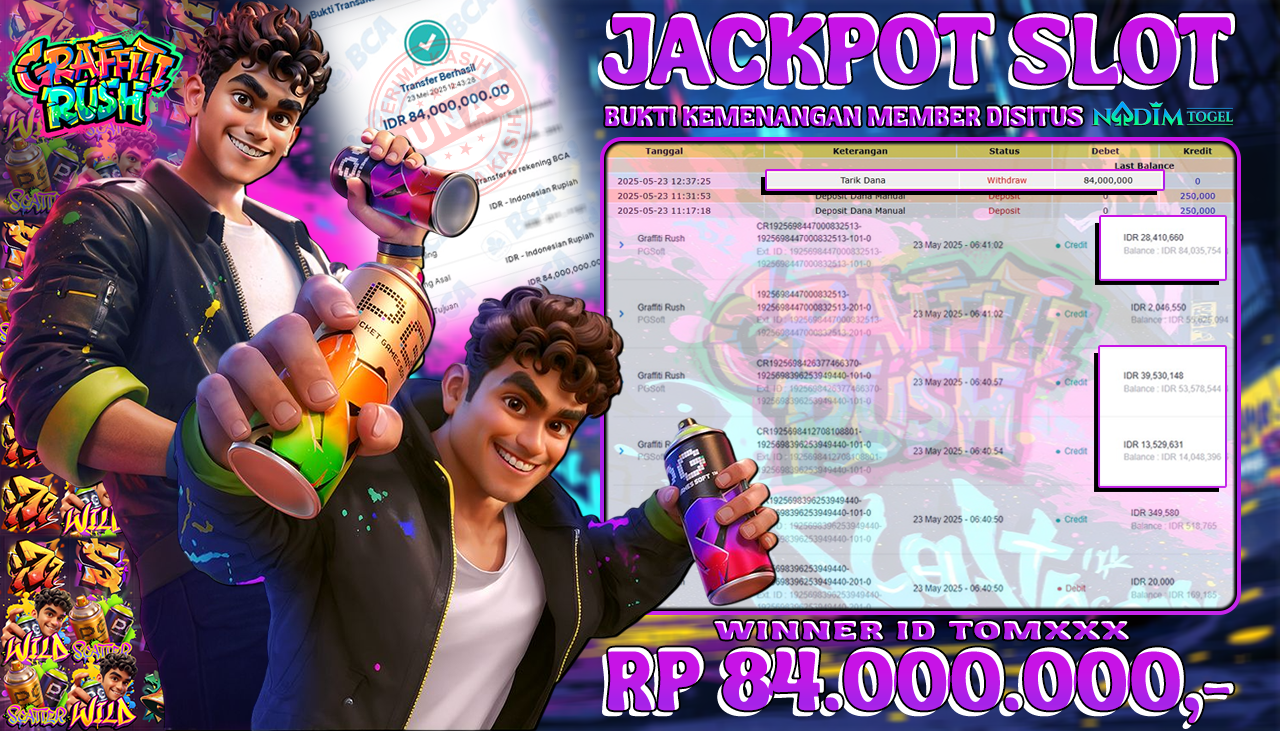 NADIMTOGEL JACKPOT SLOT GRAFFITI RUSH Rp 84.000.000,- LUNAS