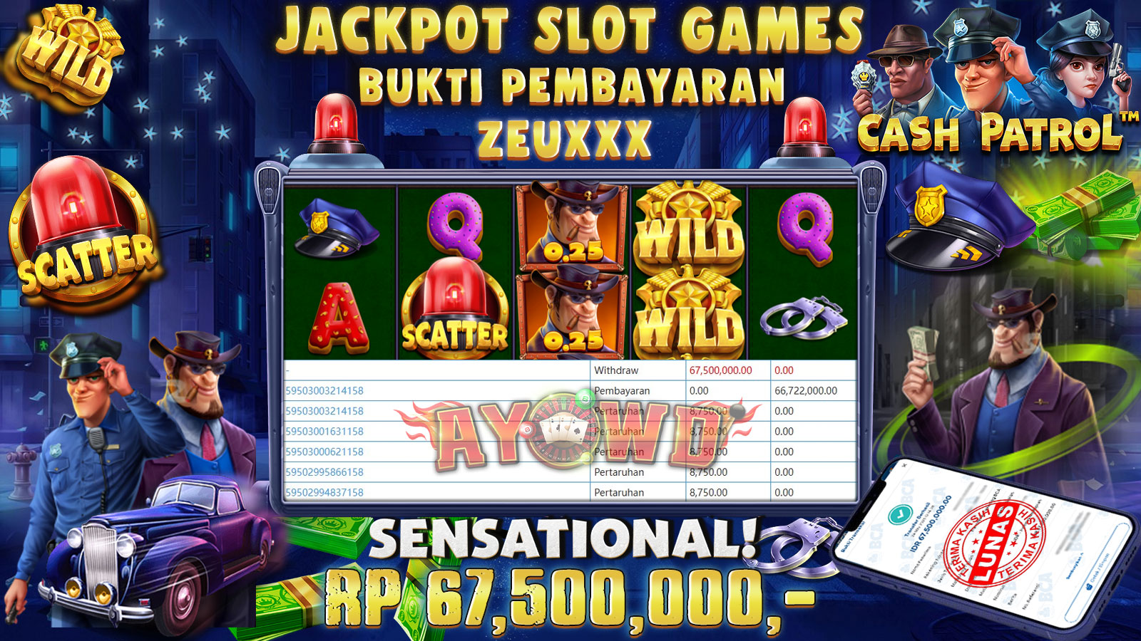 AYOWD JACKPOT SLOT GAMES PP-CASH PATROL Rp 67,500,000,- LUNAS