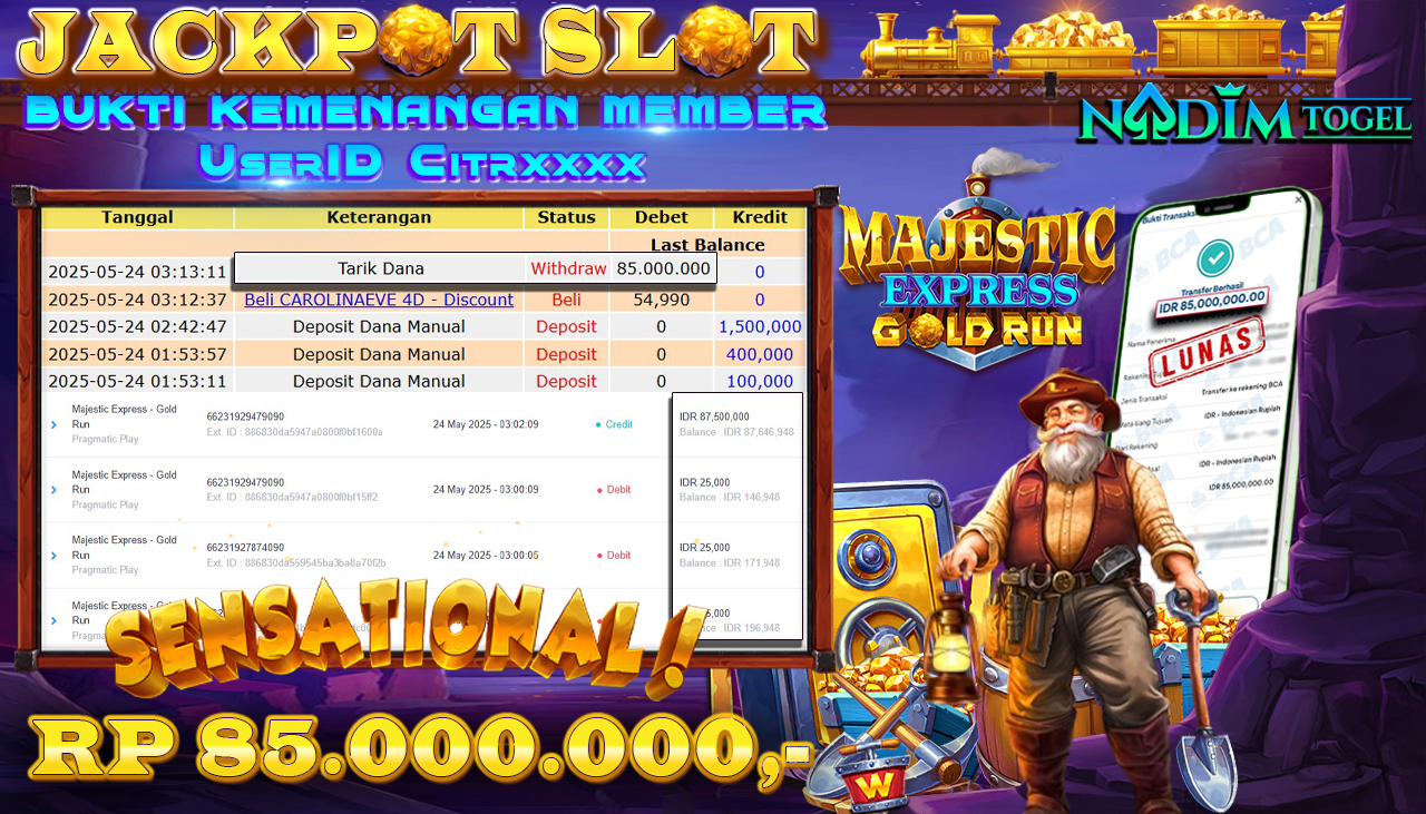 NADIMTOGEL JACKPOT SLOT MAJESTIC EXPRESS GOLD RUN Rp 85.000.000,- LUNAS