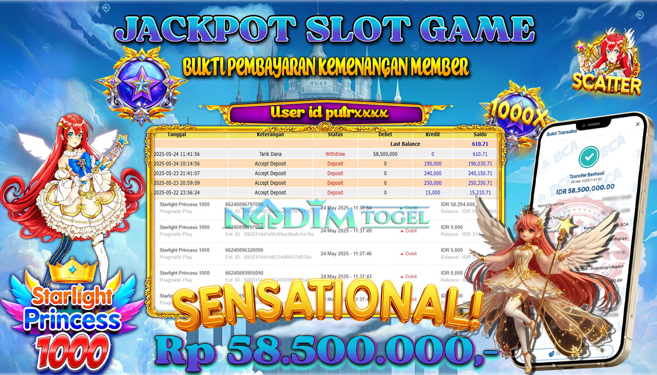 NADIMTOGEL JACKPOT SLOT STARLIGHT PRINCESS 1000 Rp 58.500.000,- LUNAS