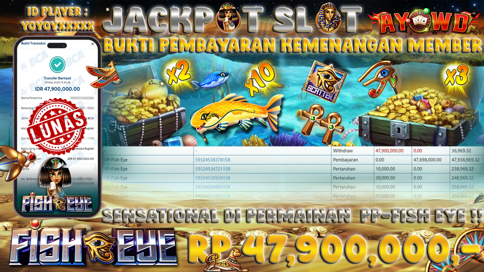AYOWD JACKPOT SLOT GAMES PP-FISH EYE Rp 47,900,000,- LUNAS