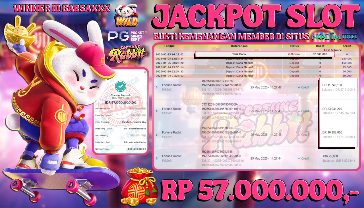 NADIMTOGEL JACKPOT SLOT FORTUNE RABBIT Rp 57.000.000,- LUNAS