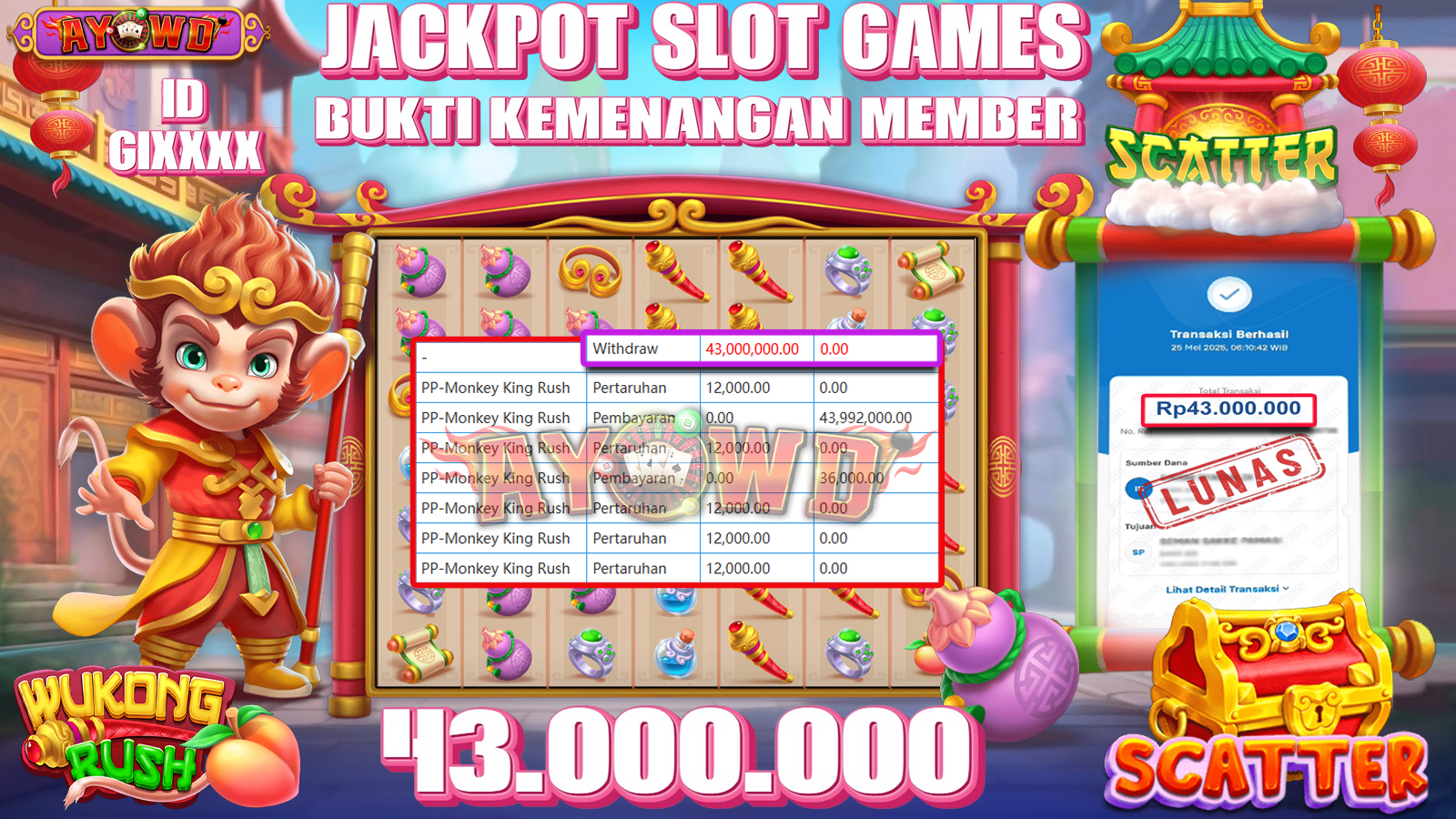 AYOWD JACKPOT SLOT GAMES PP-Monkey King Rush Rp 43,000,000- LUNAS