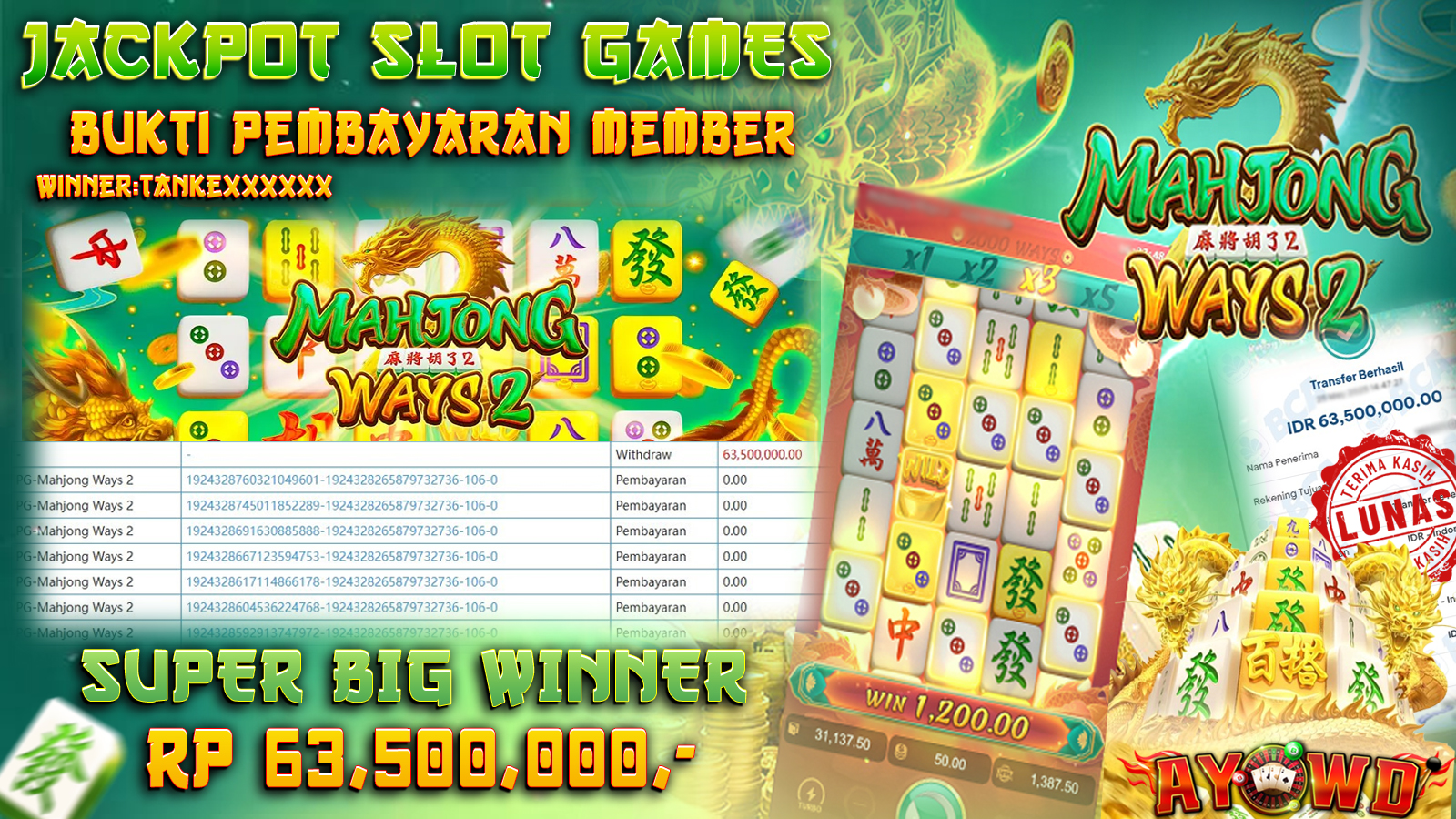 AYOWD JACKPOT SLOT GAMES PG-MAHJONG WAYS 2 Rp 63,500,000- LUNAS