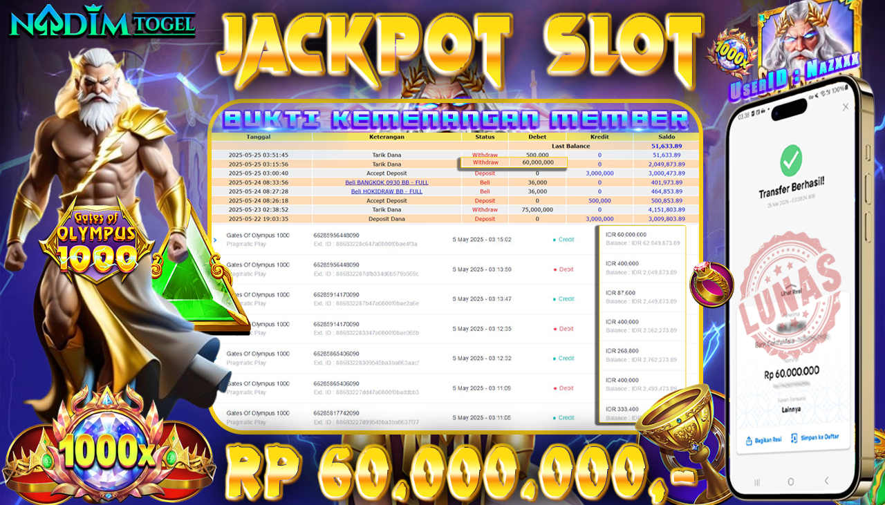 NADIMTOGEL JACKPOT SLOT GATES OF OLYMPUS 1000 Rp 60.000.000,- LUNAS