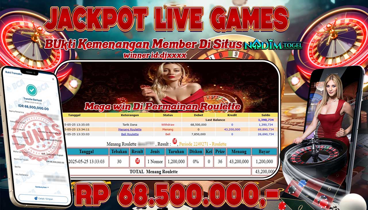 NADIMTOGEL JACKPOT LIVE GAMES ROULETTE Rp 68.500.000,- LUNAS