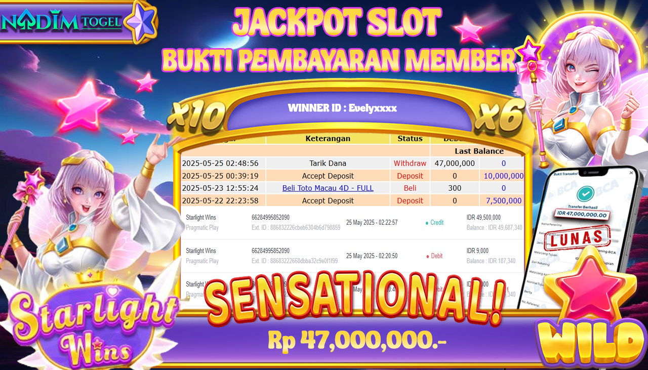 NADIMTOGEL JACKPOT SLOT STARLIGHT WINS  Rp 47.000.000,- LUNAS