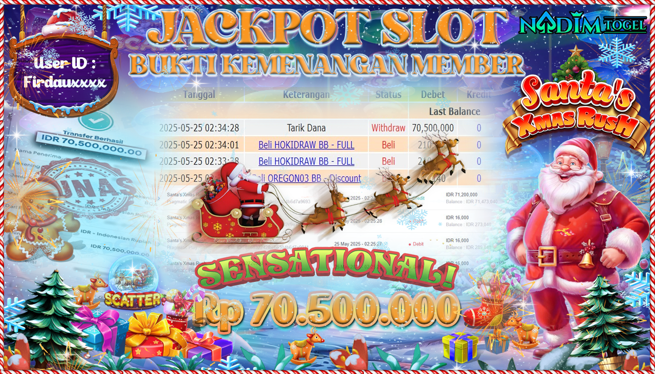 NADIMTOGEL JACKPOT SLOT SANTA S XMAS RUSH Rp 70.500.000,- LUNAS