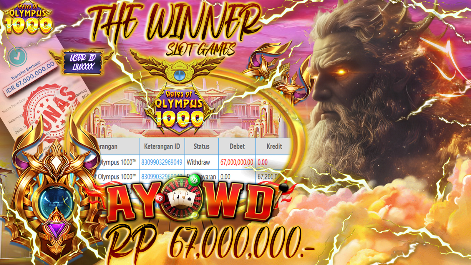 AYOWD JACKPOT SLOT GAMES PP-Gates of Olympus 1000™ Rp 67,000,000- LUNAS