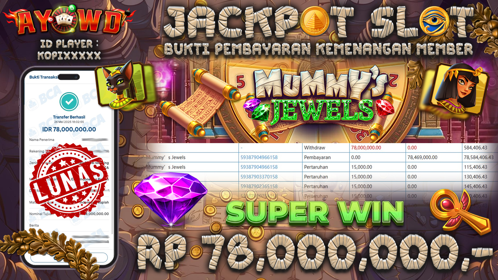 AYOWD JACKPOT SLOT GAMES PP-MUMMY S JEWELS Rp 78,000,000- LUNAS