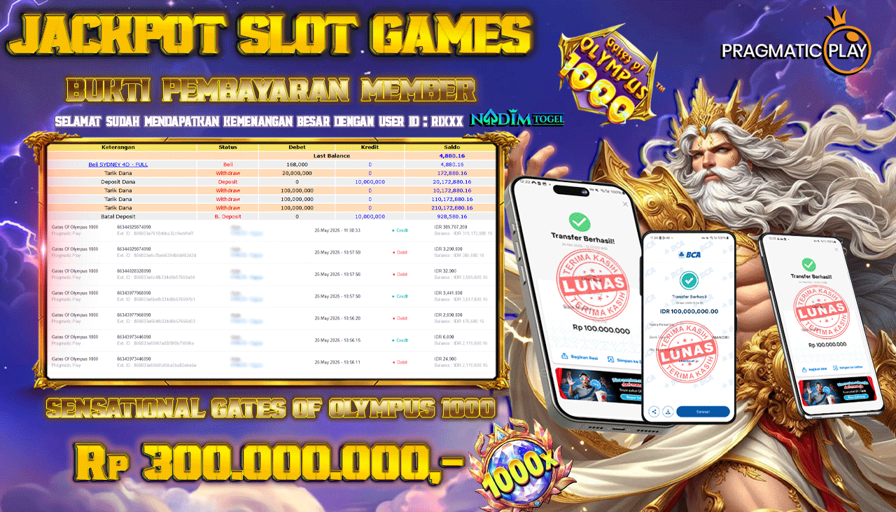 NADIMTOGEL JACKPOT SLOT GATES OF OLYMPUS 1000 - PRAGMATIC PLAY Rp 300.000.000,- LUNAS