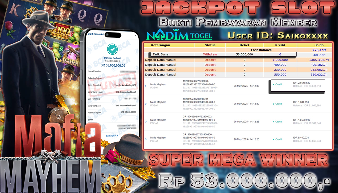 NADIMTOGEL JACKPOT SLOT MAFIA MAYHEM  Rp 53.000.000,- LUNAS