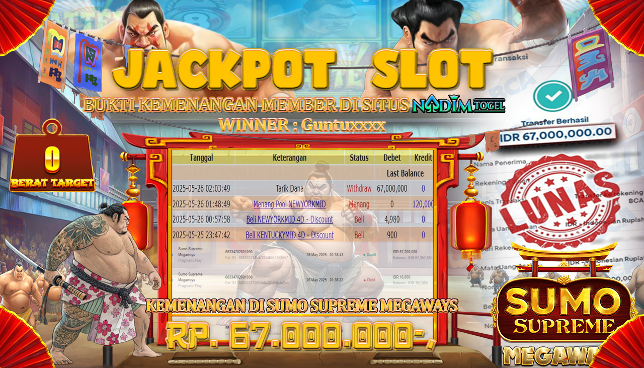 NADIMTOGEL JACKPOT SLOT SUMO SUPREME MEGAWAYS Rp 67.000.000,- LUNAS