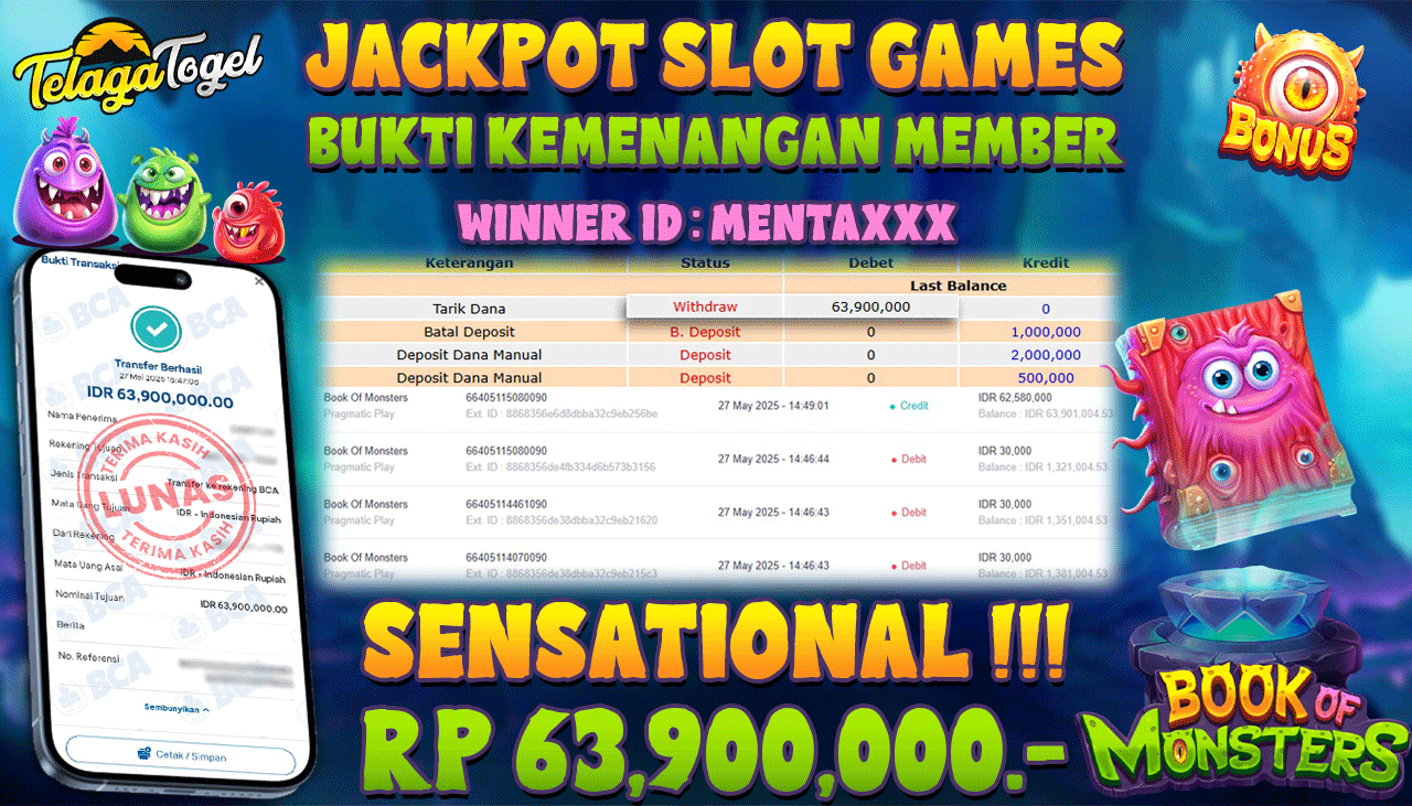 TELAGATOGEL JACKPOT SLOT BOOK OF MONSTERS Rp 63,900,000,- LUNAS 