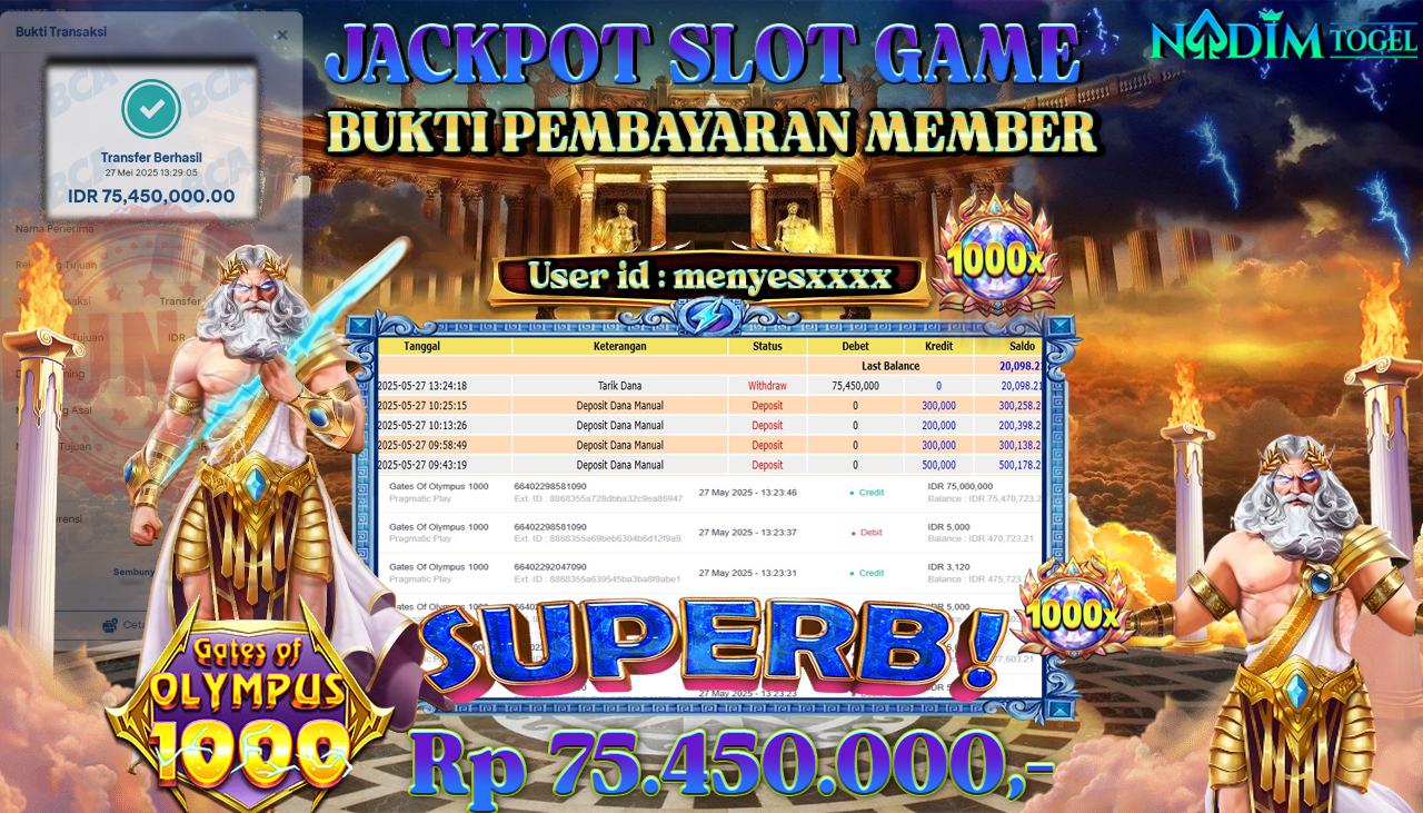 NADIMTOGEL JACKPOT SLOT GATES OF OLYMPUS 1000  Rp 75.450.000,- LUNAS