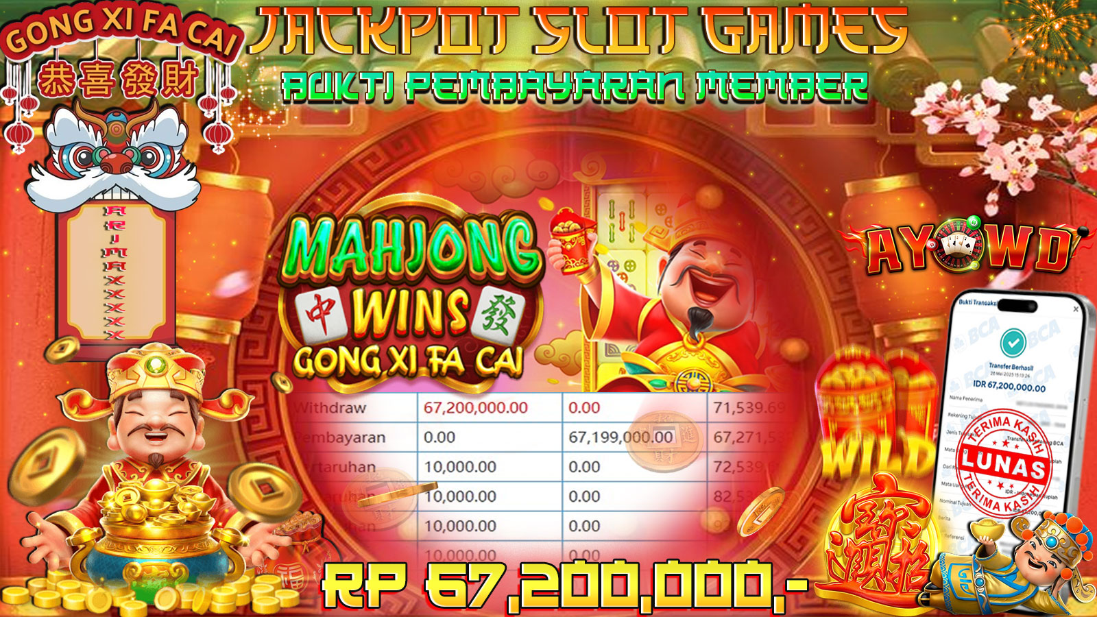 AYOWD JACKPOT SLOT GAMES PP-MAHJONG WINS-GONG XI FA CAI Rp 67,200,000- LUNAS